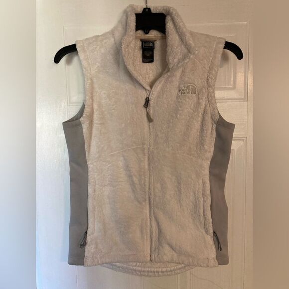 THE NORTH FACE White Gray Zip Up Fleece Vest Pockets Draw String Size Medium - Picture 1 of 9